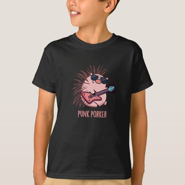 Punk Porker Funny Punk Rocker Pig Pun Dark BG T-Shirt (Front)