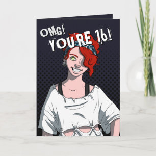 Punk Redhead Teen Girl Black 16th Birthday Card