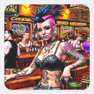 Punk Rock Bar Girl with Mohawk and Tattoos Square Sticker