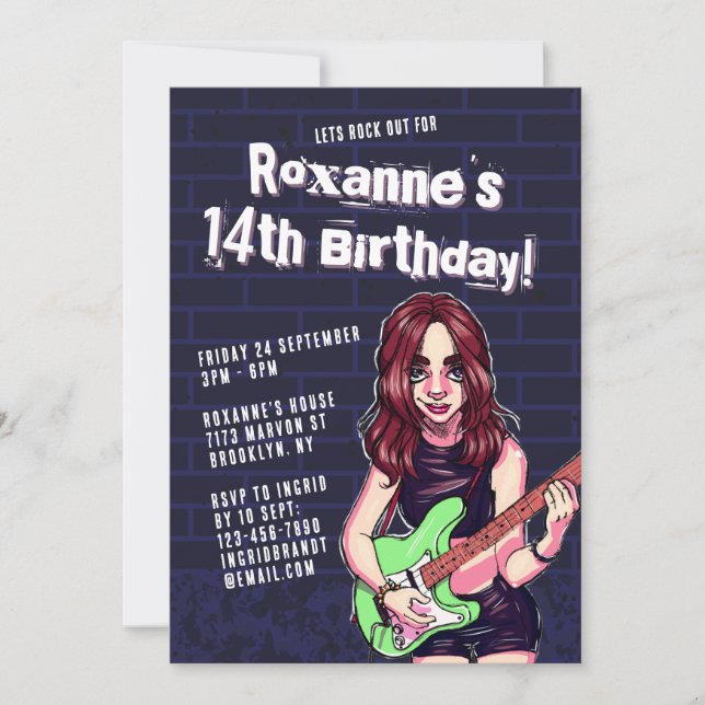 Punk Rock Cartoon Teen Girl 14th Birthday Invitation (Front)