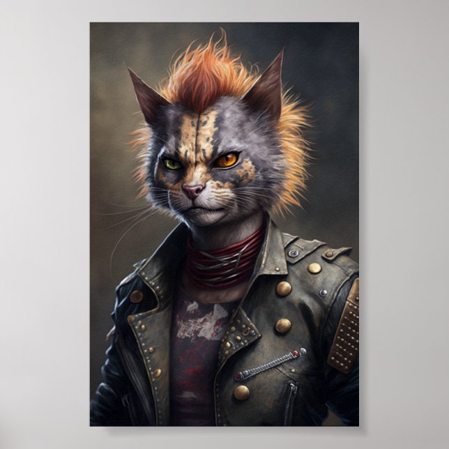 Punk Rock Cat Portrait, Animal Cat Ilustration Poster (Front)