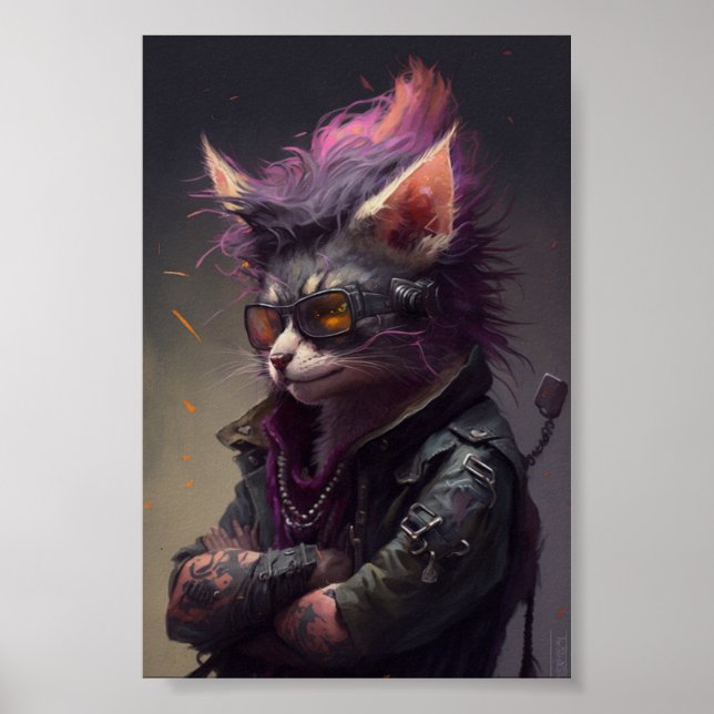 Punk Rock Cat Portrait, Cat Ilustration, Funny Cat Poster (Front)