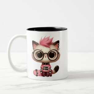  Punk Rock Cat with Skateboard   Cute Rebel Kitty  Two-Tone Coffee Mug