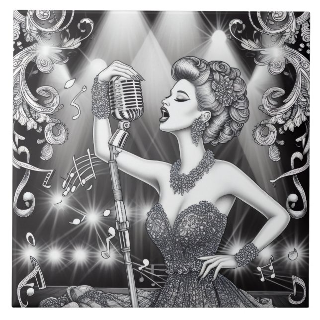 Punk Rock Rockabilly Retro Glam Black & White Ceramic Tile (Front)