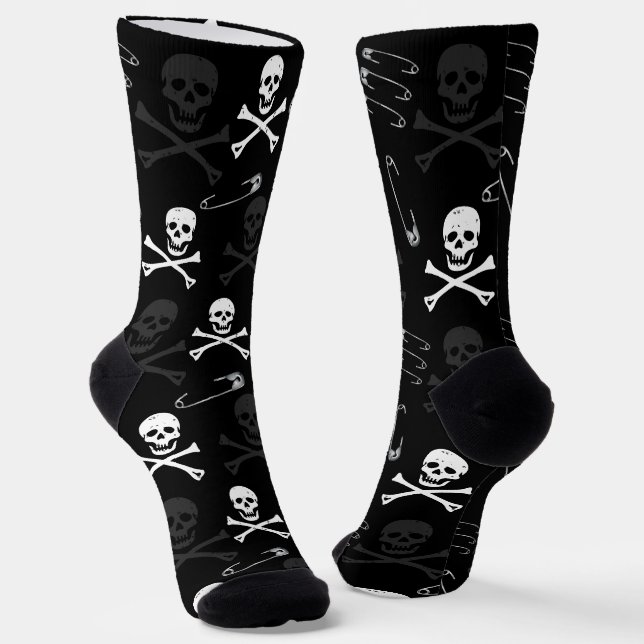Punk Rock Safety Pins and Skulls Pattern Socks (Angled)