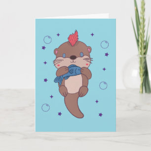 Punk Rock Sea Otter with Fish Funny Animal Art Card