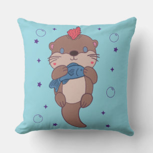 Punk Rock Sea Otter with Fish Funny Animal Art Cushion