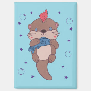 Punk Rock Sea Otter with Fish   Funny Animal Art Magnet