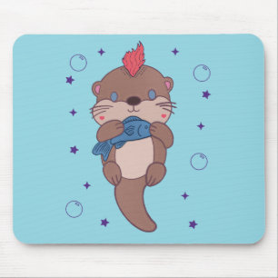 Punk Rock Sea Otter with Fish Funny Animal Art Mouse Pad