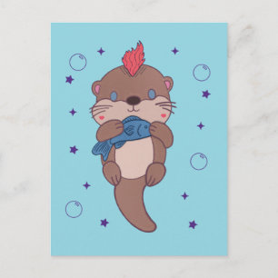 Punk Rock Sea Otter with Fish Funny Animal Art Postcard