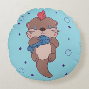 Punk Rock Sea Otter with Fish Funny Animal Art Round Cushion