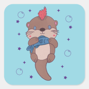 Punk Rock Sea Otter with Fish Funny Animal Art Square Sticker