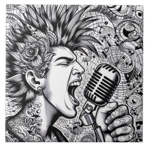 Punk Rock Singer Retro Glam Unique Black and White Ceramic Tile