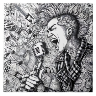 Punk Rock Singer Retro Glam Unique Black and White Ceramic Tile