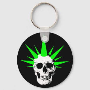 Punk Rock Skull with Neon Green Spikey Hair Key Ring