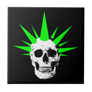 Punk Rock Skull with Neon Green Spikey Hair Tile