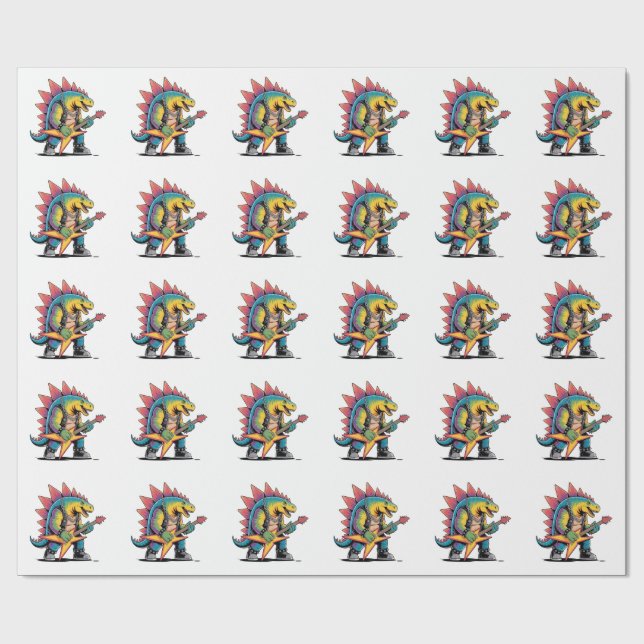 Punk Rock Stegosaurus Dinosaur Playing Guitar Wrapping Paper (Flat)