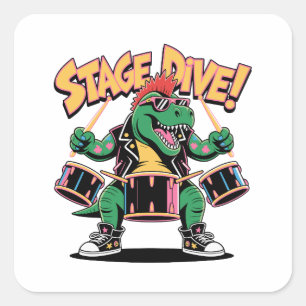 Punk Rock T-Rex Dinosaur Drummer - Funny Music Square Sticker
