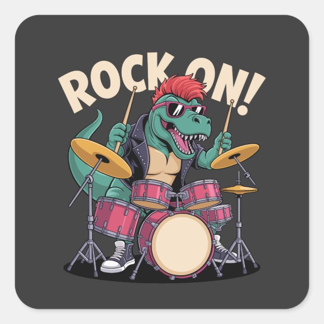 Punk Rock T-Rex Dinosaur Drummer - Percussion Square Sticker (Front)