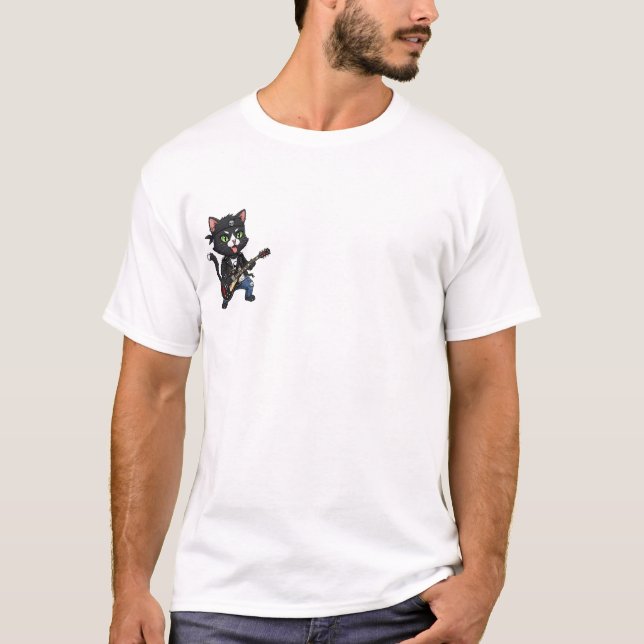 Punk Rock Tuxedo Cat Guitarist with Spiked Leather T-Shirt (Front)