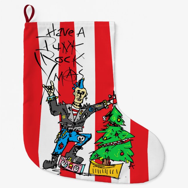 PUNK ROCK XMAS w/ STRIPES Large Christmas Stocking (Front)