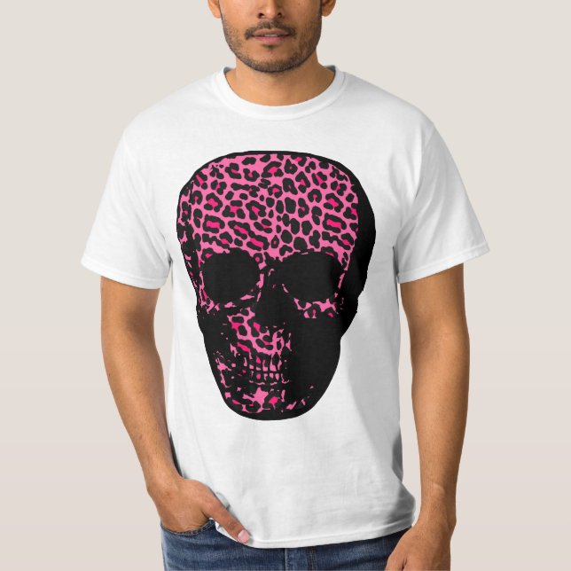 Punk Shocking pink Leopard  Print Skull T-Shirt (Front)