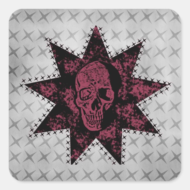 Punk Skull Square Stickers, Black and Dark Pink Square Sticker (Front)