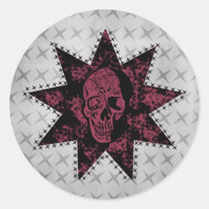 Punk Skull Stickers, Black and Dark Pink Classic Round Sticker