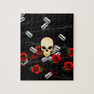 Punk Themed Skull And Rose Black Jigsaw Puzzle