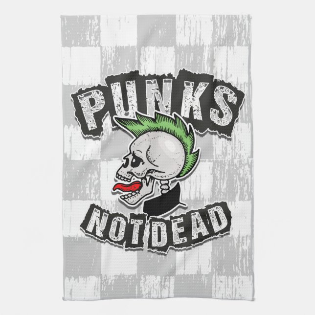 Punks Not Dead Skull Mohawk Punk Rock Rocker Tea Towel (Vertical)