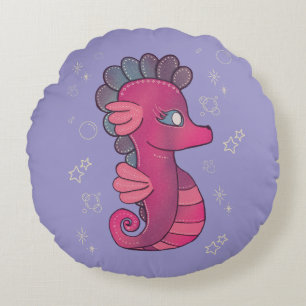 Punky Seahorse   Cute Pink Seahorse Round Cushion