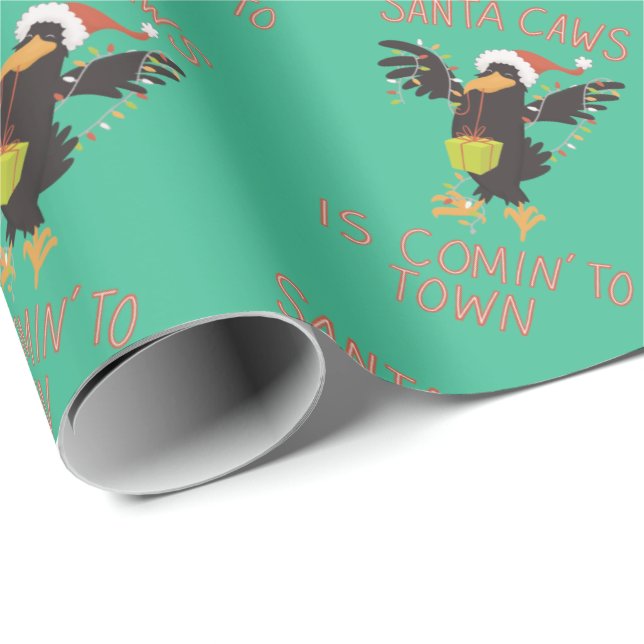 Punny Santa Caws Christmas Holiday Crow Wrapping Paper (Roll Corner)