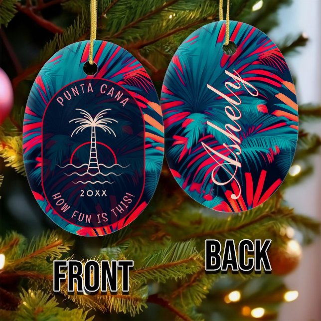 Punta Cana Beach party Palm tree leaves sunset Ceramic Ornament (Creator Uploaded)