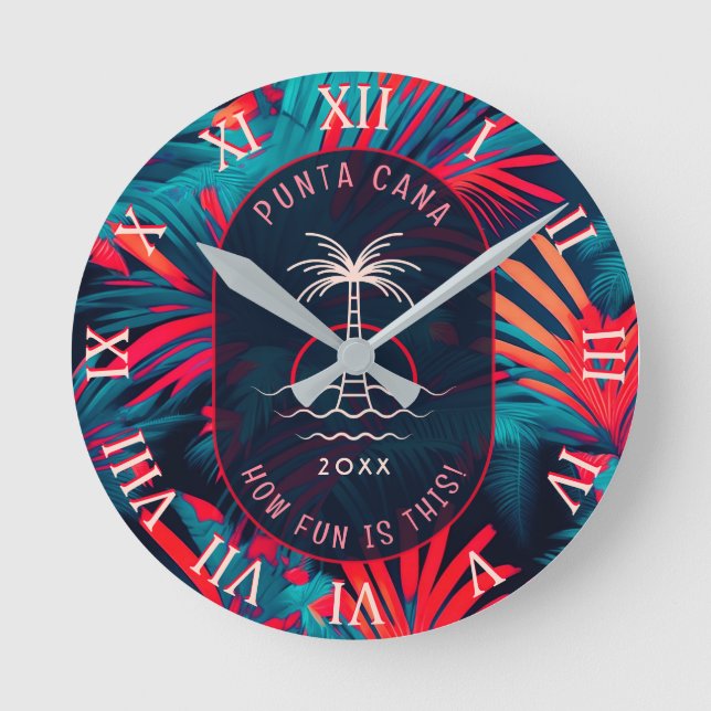 Punta Cana Beach party Palm tree leaves sunset Round Clock (Front)