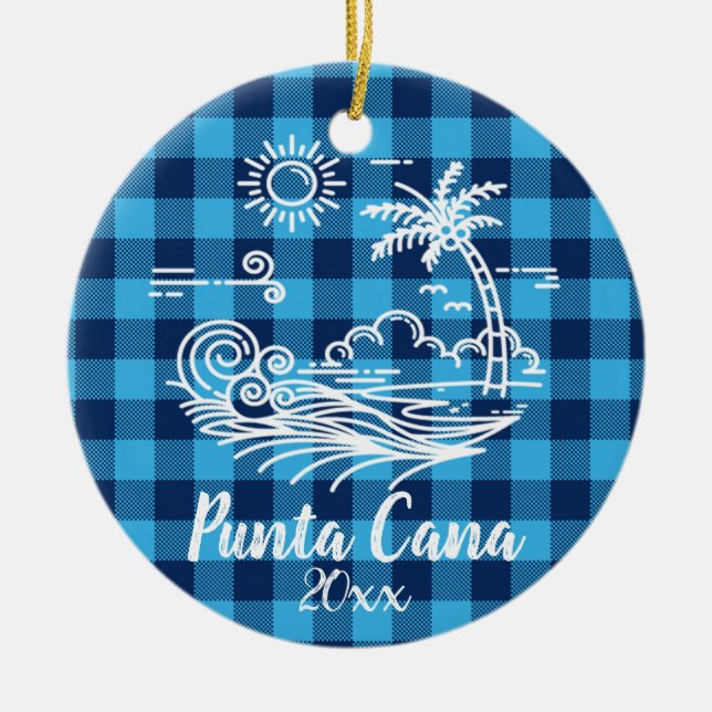 Punta Cana Blue Buffalo Check Christmas Ceramic Ornament (Front)