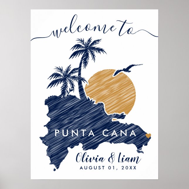 Punta Cana Custom Navy Minimalist Map Wedding Poster (Front)