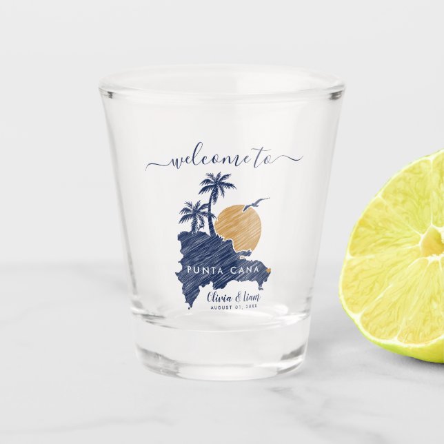 Punta Cana Custom Navy Minimalist Map Wedding Shot Glass (Front)