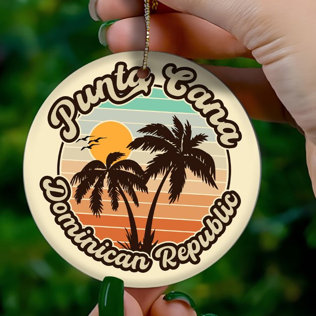 Punta Cana Dominican Palm Tree Retro Sunset 60s Ceramic Ornament (Creator Uploaded)