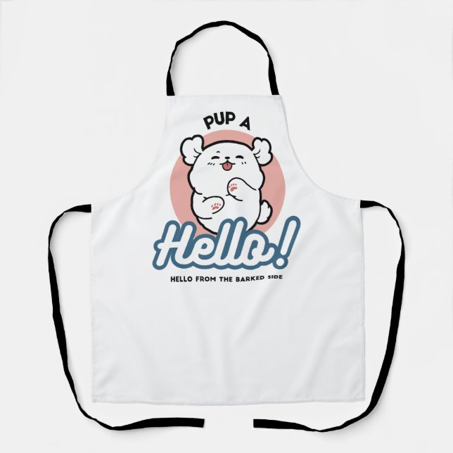 Pup a Hello! – Happy White Dog Cartoon Design Apron (Front)