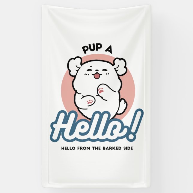 Pup a Hello! – Happy White Dog Cartoon Design Banner (Vertical)