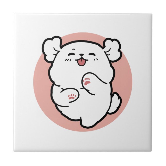 Pup a Hello! – Happy White Dog Cartoon Design Ceramic Tile (Front)