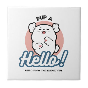 Pup a Hello! – Happy White Dog Cartoon Design Ceramic Tile