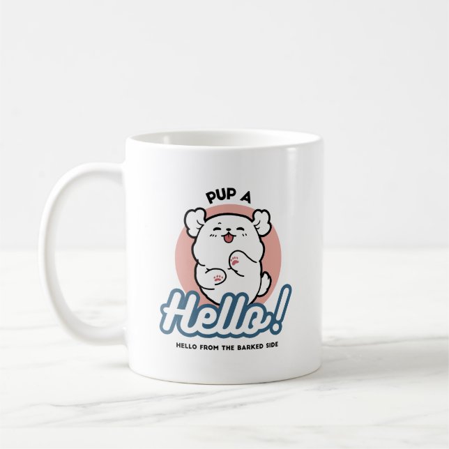 Pup a Hello! – Happy White Dog Cartoon Design Coffee Mug (Left)