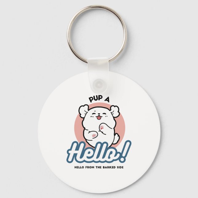 Pup a Hello! – Happy White Dog Cartoon Design Key Ring (Front)