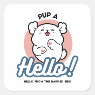 Pup a Hello! – Happy White Dog Cartoon Design Square Sticker