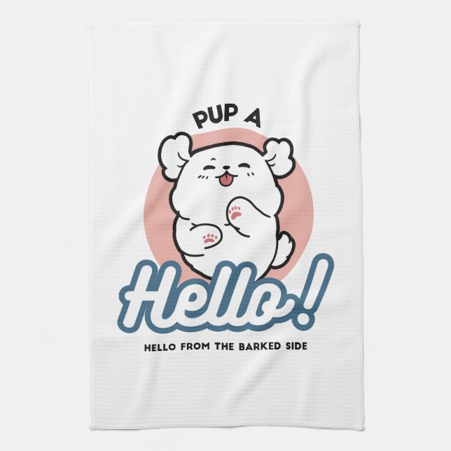 Pup a Hello! – Happy White Dog Cartoon Design Tea Towel (Vertical)