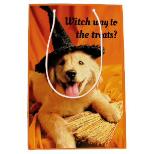 Pup With Witch Hat and Broom Medium Gift Bag