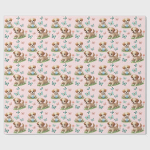 Puppies and Butterflies Pattern Baby Bib Wrapping Paper