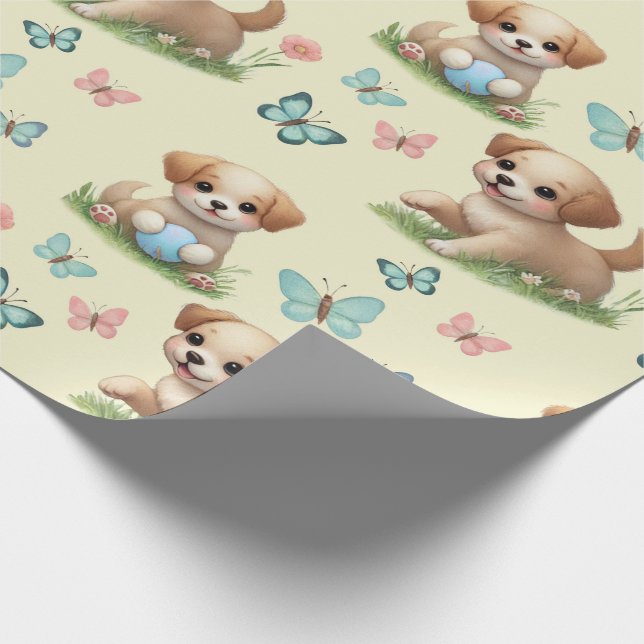 Puppies and Butterflies Pattern Baby Wrapping Paper (Corner)