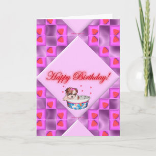 Puppies and Pink Hearts Birthday Card